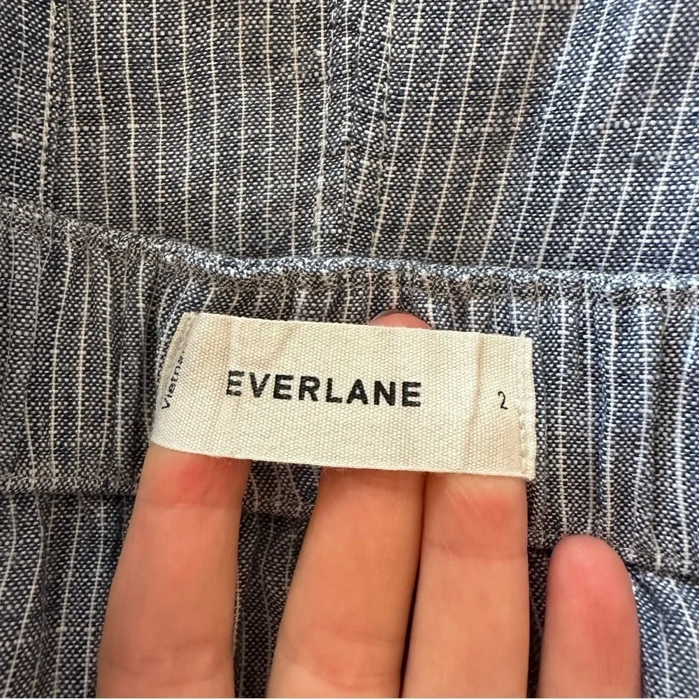 EVERLANE The Linen Side-button Blue White Straight Leg Jumpsuit Size 2